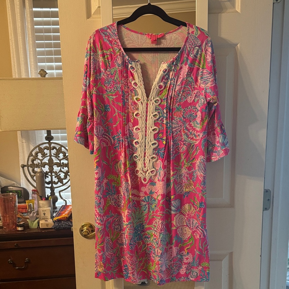 NWOT Lilly Pulitzer Krista Pink Multi Floral Midi Dress with White Lace Trim